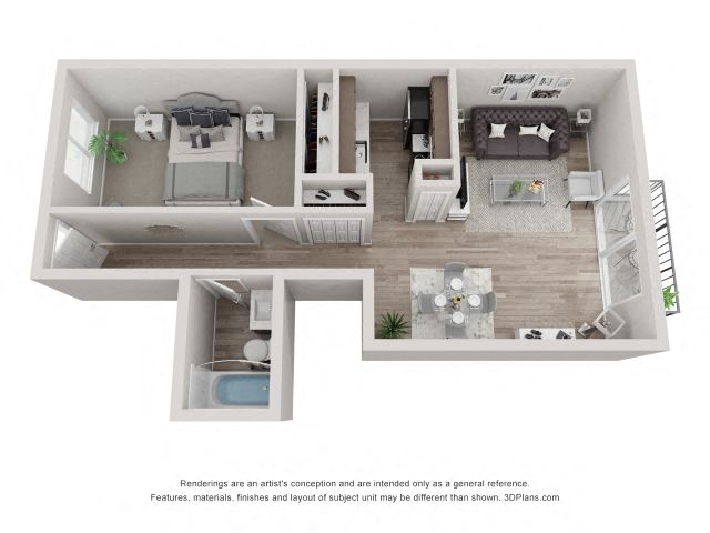 Floor plan for 1 bed, 1 bath, 650 sqft